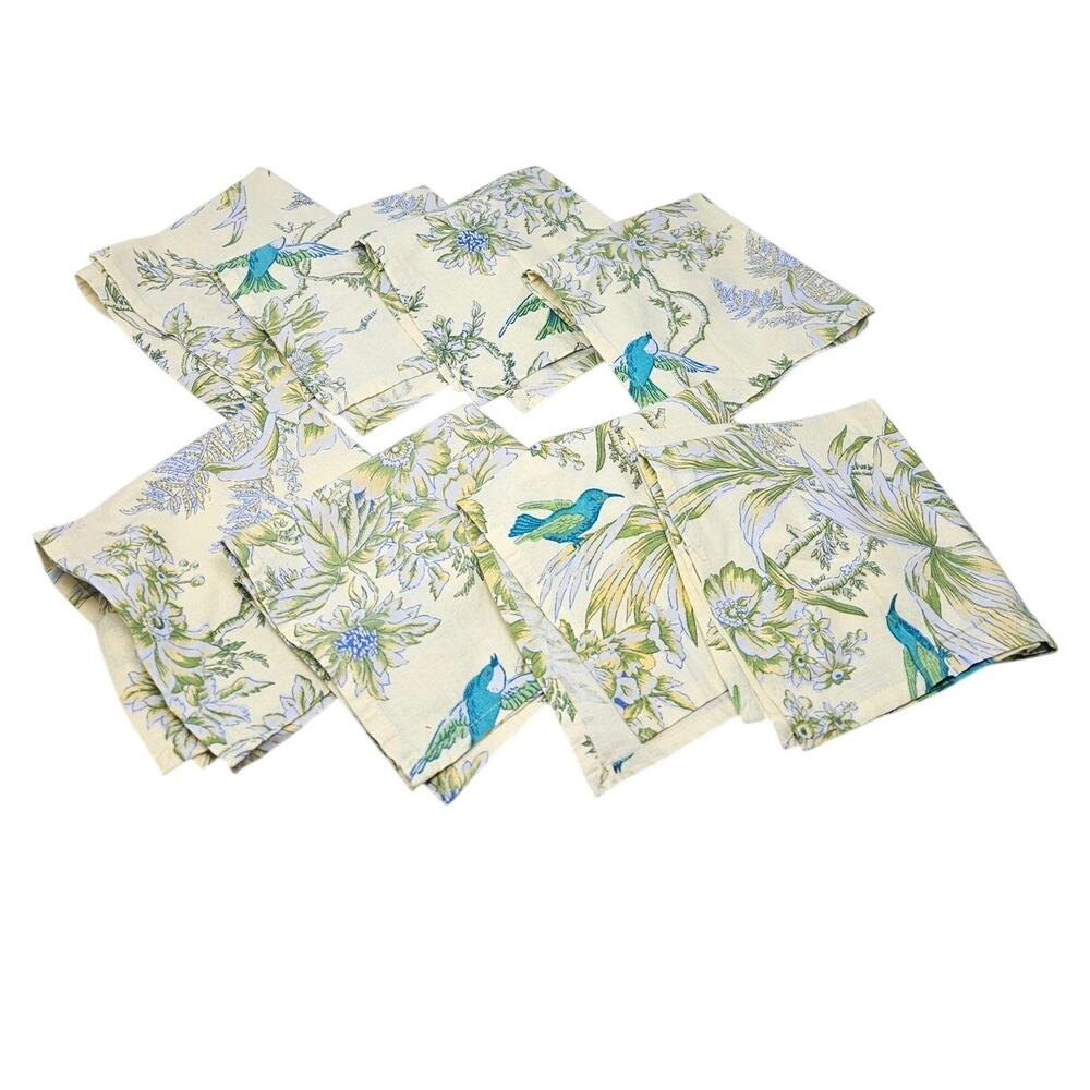 Lot of 8 April Cornell Green Floral Bird Cotton Cloth Napkins Cottage Garden